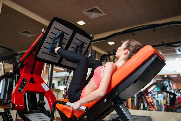 Woman using leg press machine at the gym