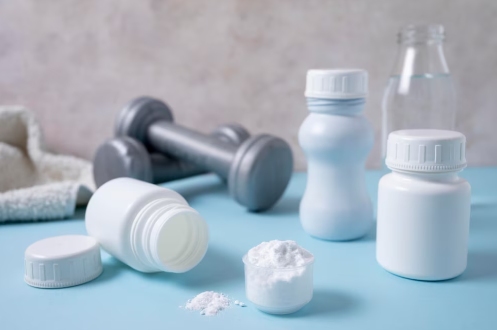 small white bottles with protein powder and weight behind them on a blue table