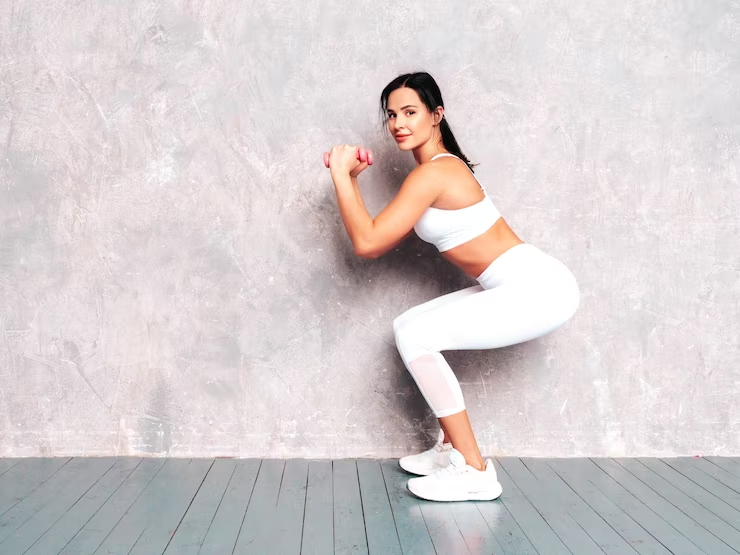 Woman performing squats with dumbbells