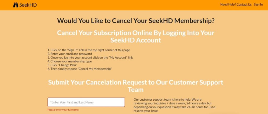 SeekHD cancellation page